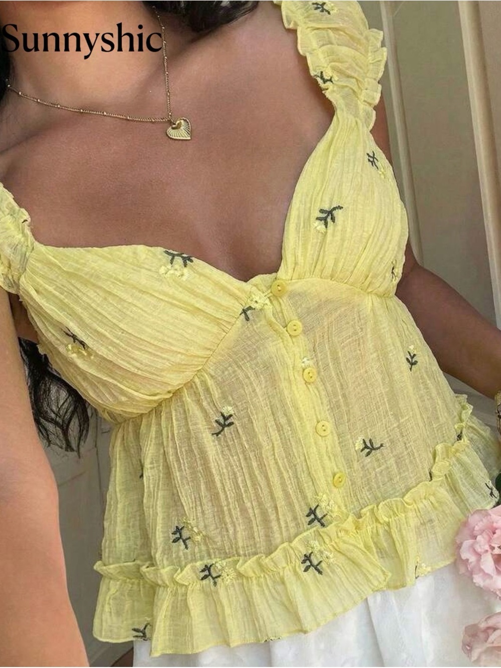 SHEIN Yellow Ruffle Button-Front Camisole - Picture 2 of 2